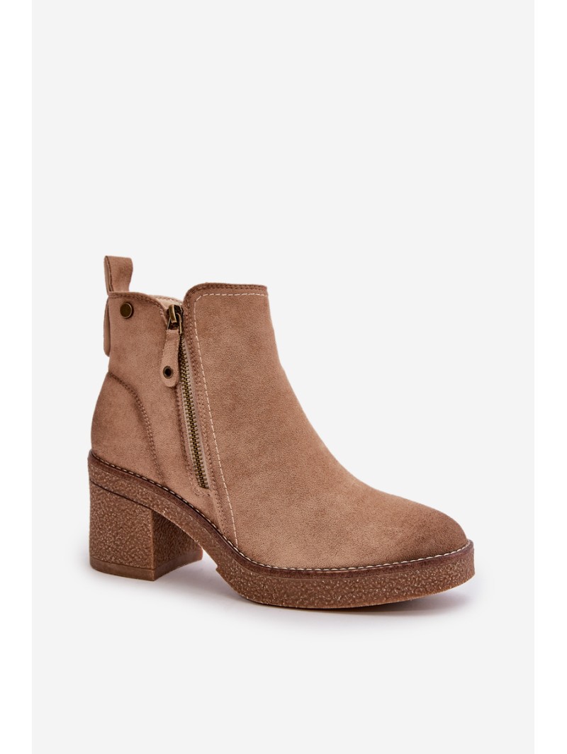 Lined Women's Ankle Boots with Block Heel in Beige Velarilla