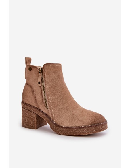 Lined Women's Ankle Boots with Block Heel in Beige Velarilla