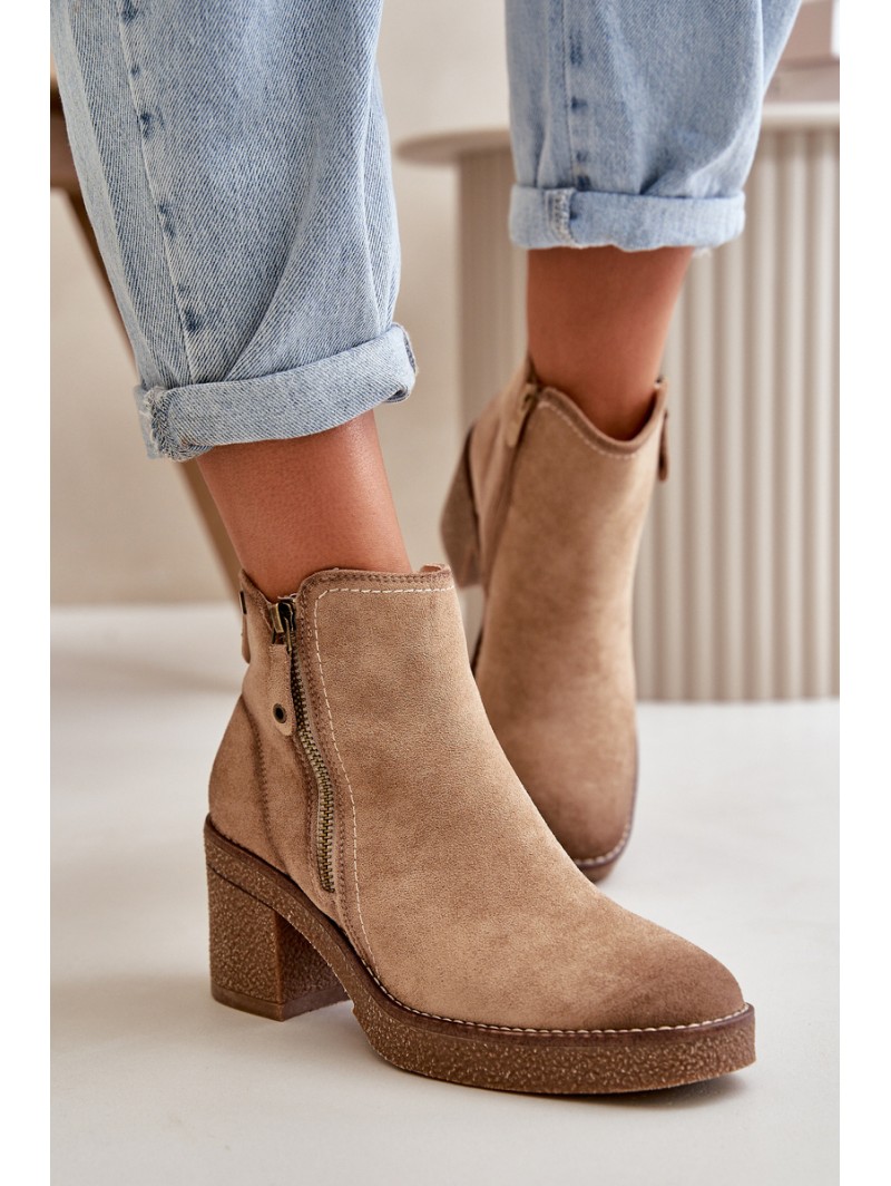Lined Women's Ankle Boots with Block Heel in Beige Velarilla