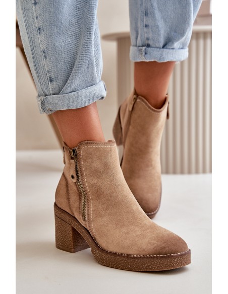 Lined Women's Ankle Boots with Block Heel in Beige Velarilla