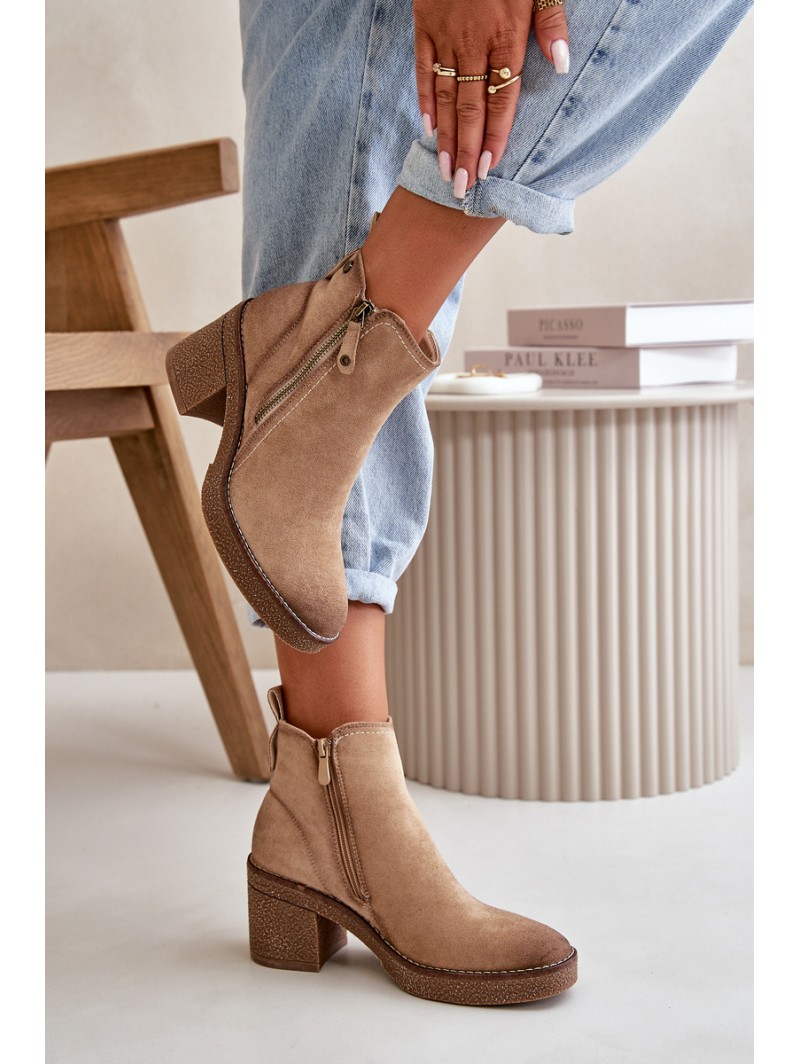 Lined Women's Ankle Boots with Block Heel in Beige Velarilla