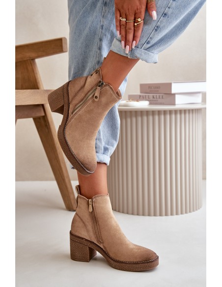 Lined Women's Ankle Boots with Block Heel in Beige Velarilla