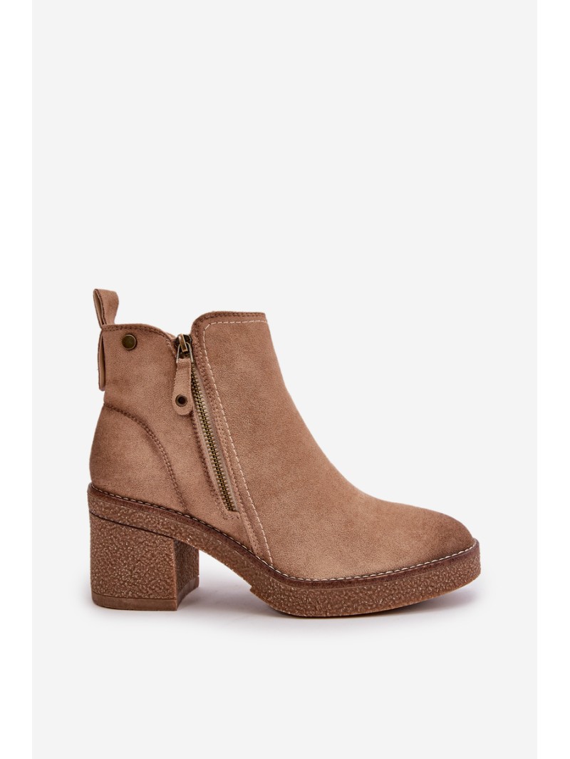 Lined Women's Ankle Boots with Block Heel in Beige Velarilla