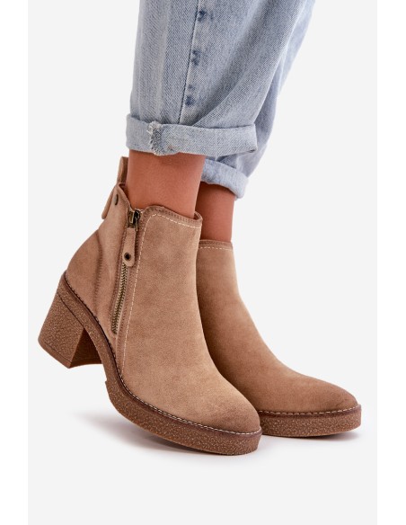 Lined Women's Ankle Boots with Block Heel in Beige Velarilla
