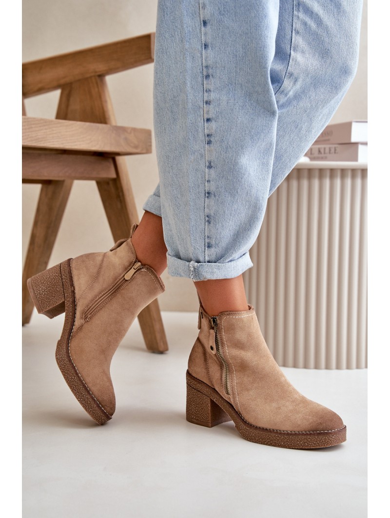 Lined Women's Ankle Boots with Block Heel in Beige Velarilla