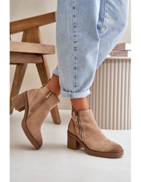 Lined Women's Ankle Boots with Block Heel in Beige Velarilla
