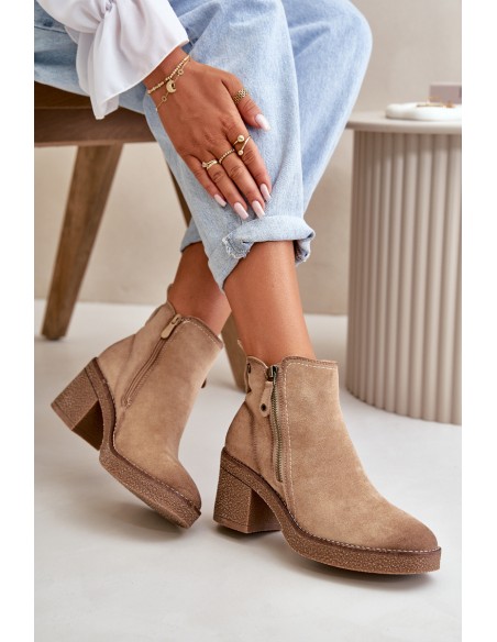 Lined Women's Ankle Boots with Block Heel in Beige Velarilla