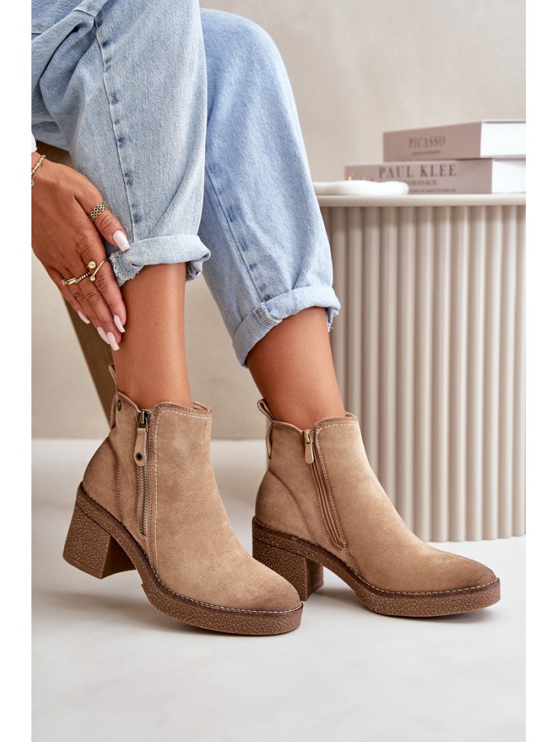 Lined Women's Ankle Boots with Block Heel in Beige Velarilla