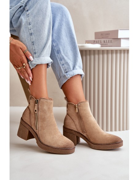 Lined Women's Ankle Boots with Block Heel in Beige Velarilla