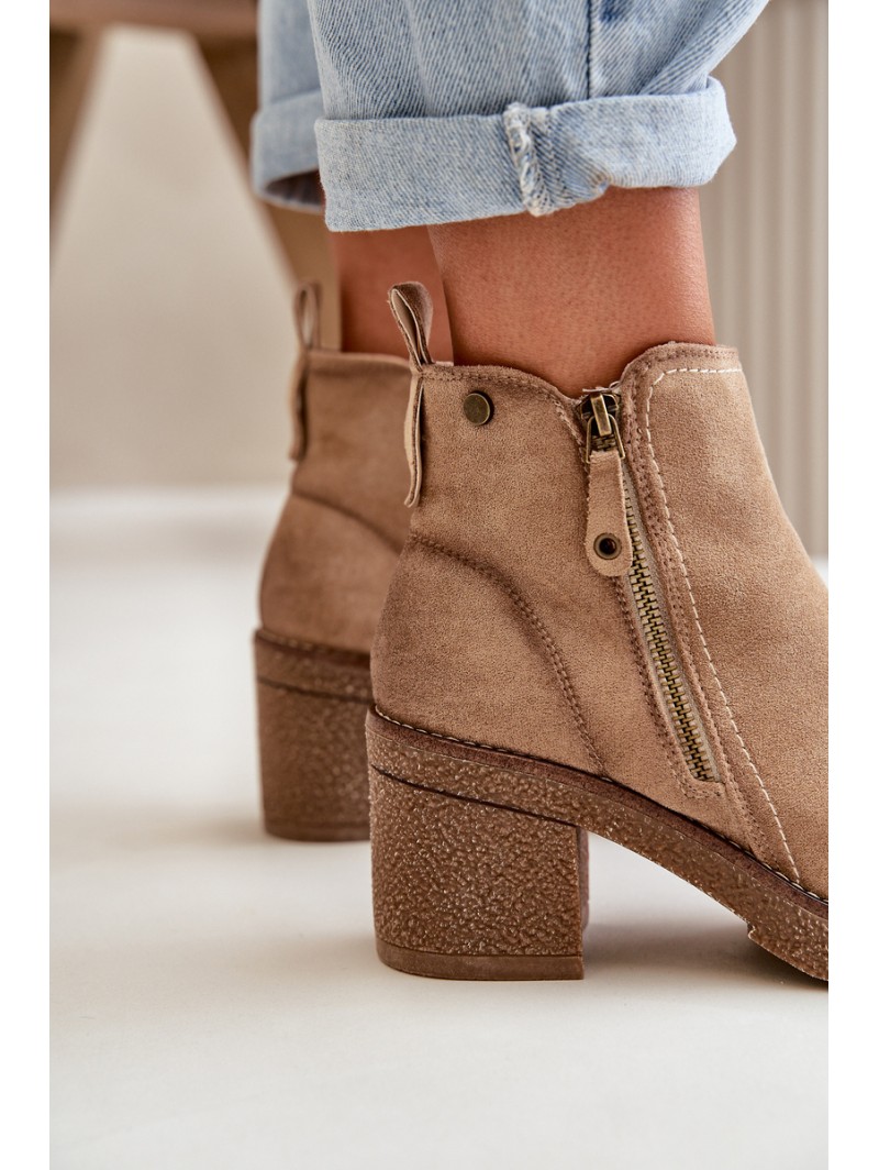 Lined Women's Ankle Boots with Block Heel in Beige Velarilla