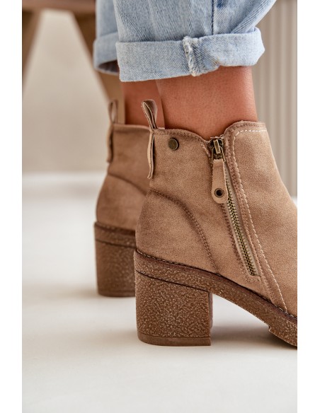 Lined Women's Ankle Boots with Block Heel in Beige Velarilla