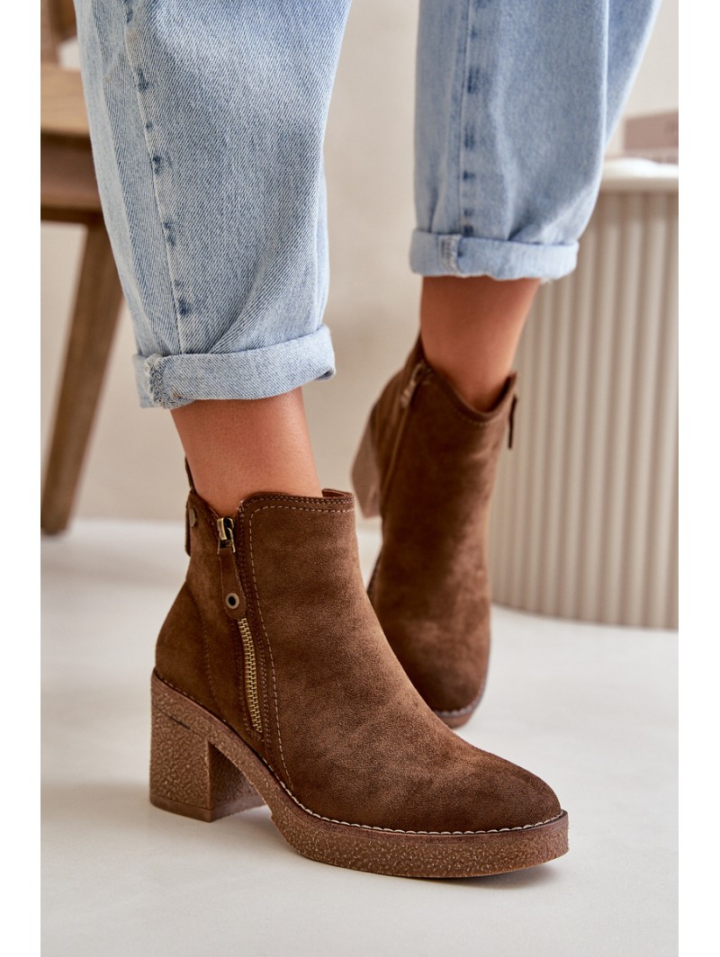 Lined Women's Boots with Block Heel in Faux Suede Dark Brown Velarilla
