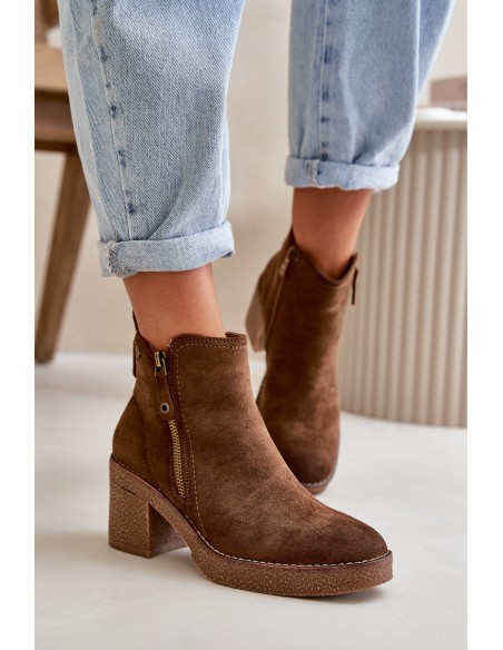 Lined Women's Boots with Block Heel in Faux Suede Dark Brown Velarilla