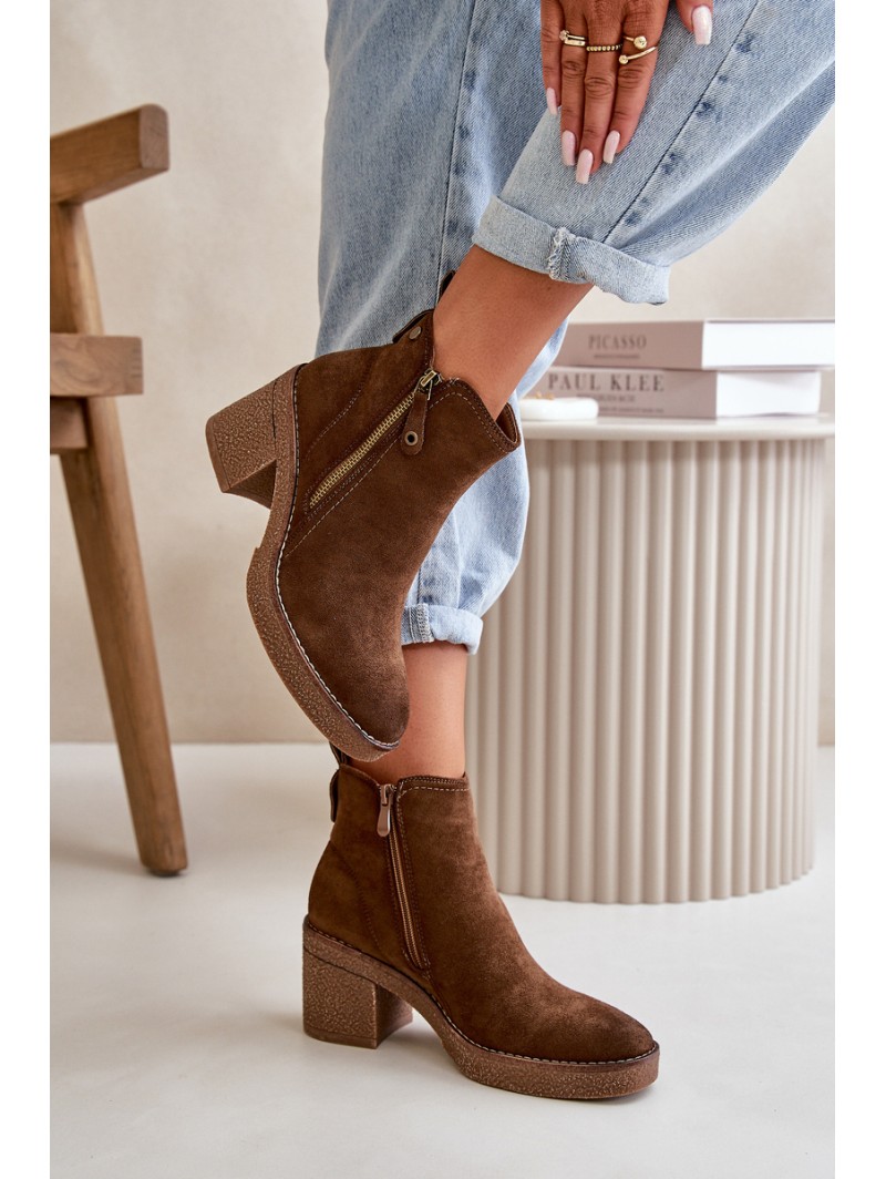 Lined Women's Boots with Block Heel in Faux Suede Dark Brown Velarilla