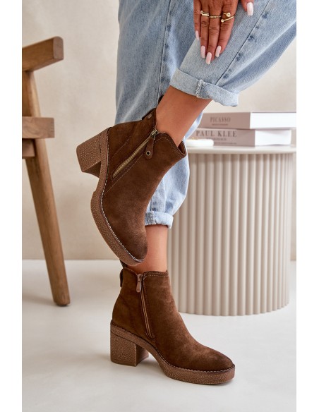 Lined Women's Boots with Block Heel in Faux Suede Dark Brown Velarilla