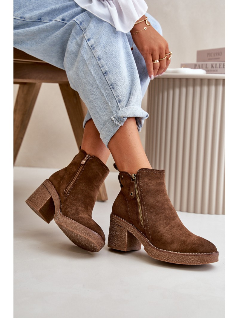 Lined Women's Boots with Block Heel in Faux Suede Dark Brown Velarilla