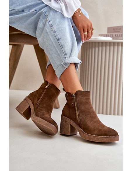 Lined Women's Boots with Block Heel in Faux Suede Dark Brown Velarilla
