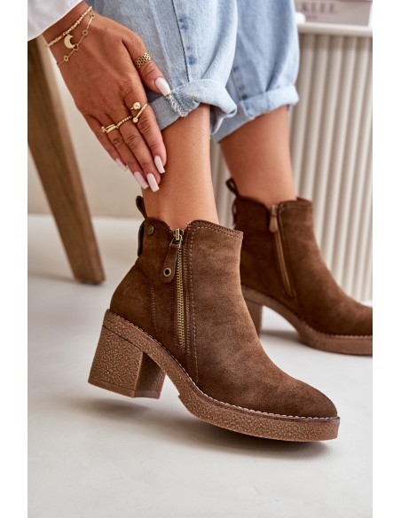Lined Women's Boots with Block Heel in Faux Suede Dark Brown Velarilla