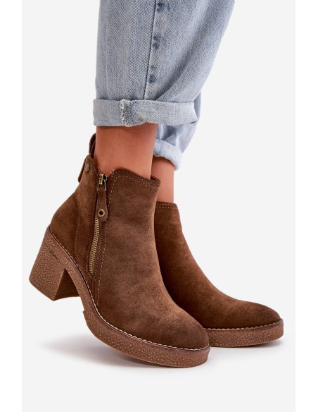 Lined Women's Boots with Block Heel in Faux Suede Dark Brown Velarilla