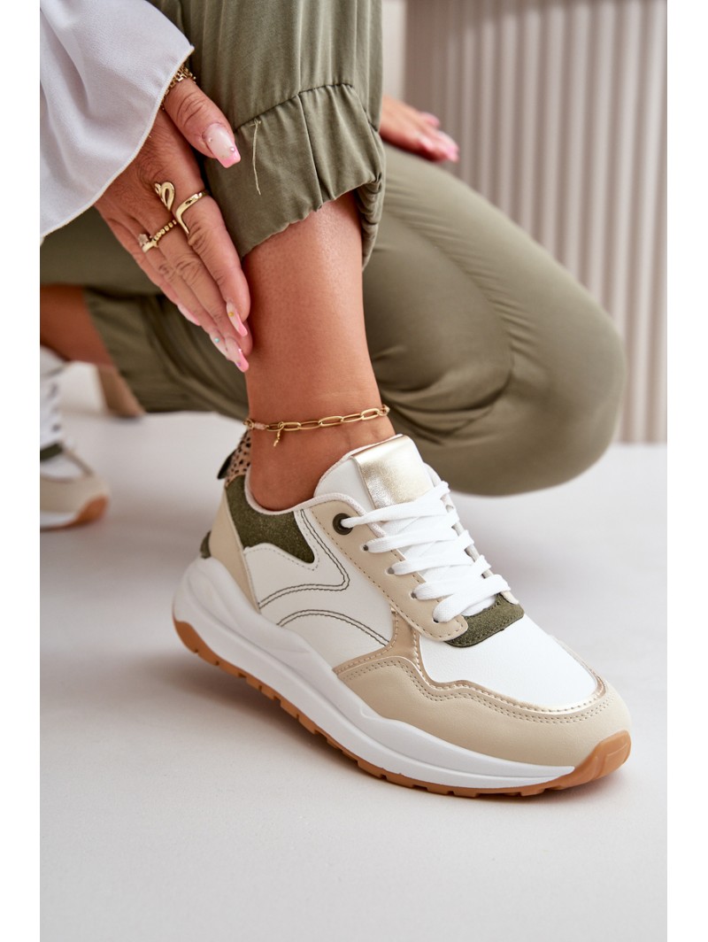 Women's Platform Sneakers Made Of Eco Leather Beige-Green Issatta