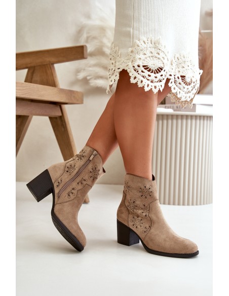 Boots With Perforated Shaft On Heel Eco Suede Beige Nevishiia