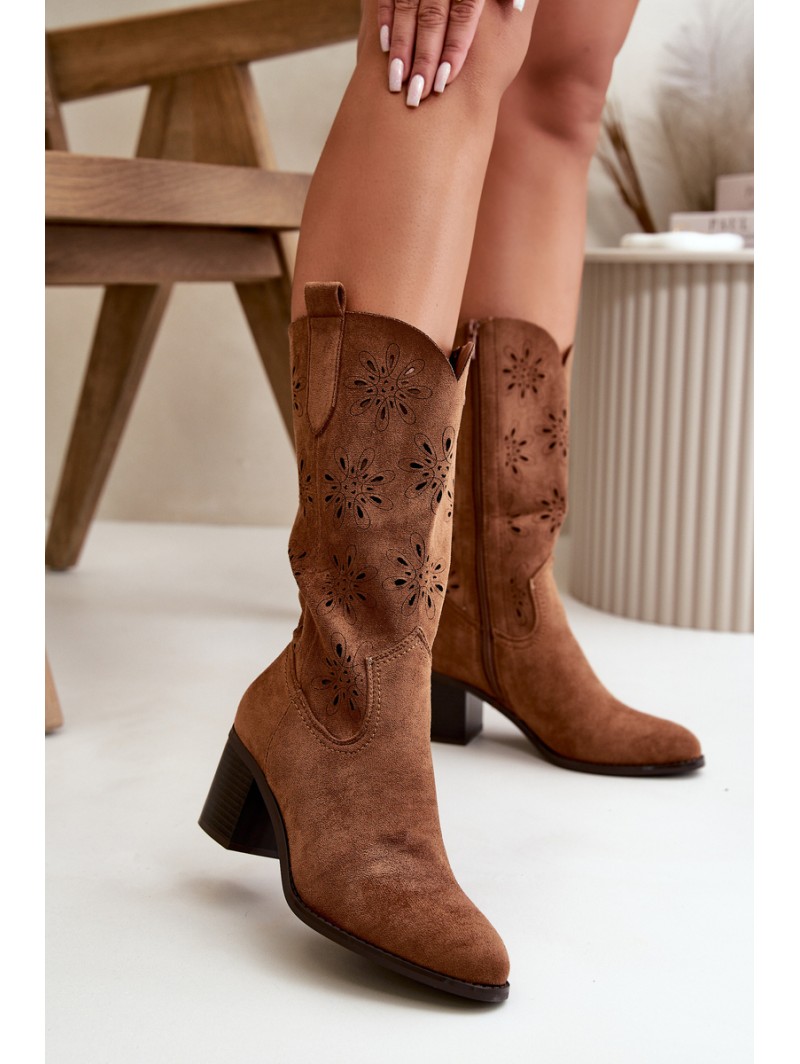 Women's Perforated Knee High Boots Made Of Eco Suede Brown Nevilos