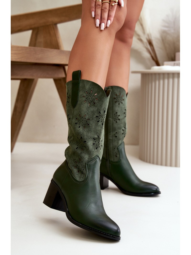 Women s perforated knee-high boots made of eco suede green Nevilos