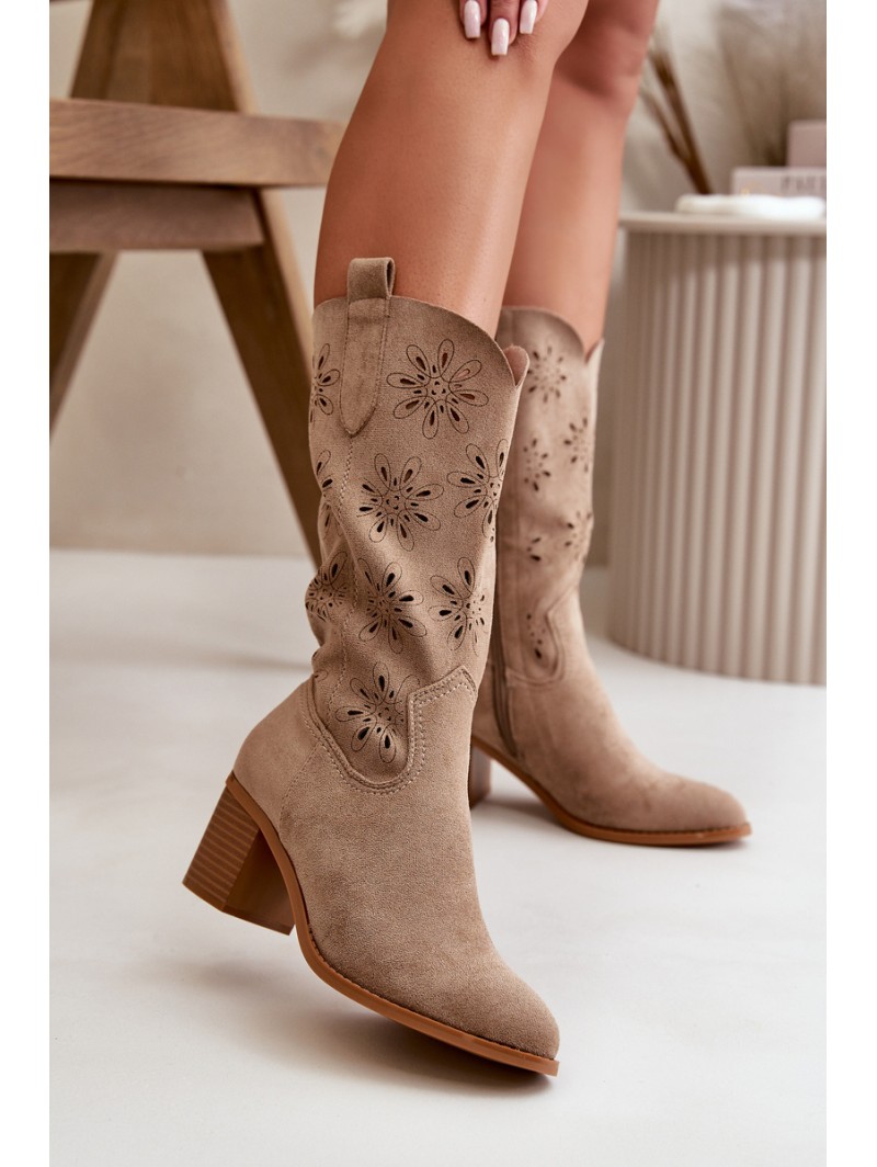 Women's Perforated Knee-High Boots Made Of Eco Suede Beige Nevilos