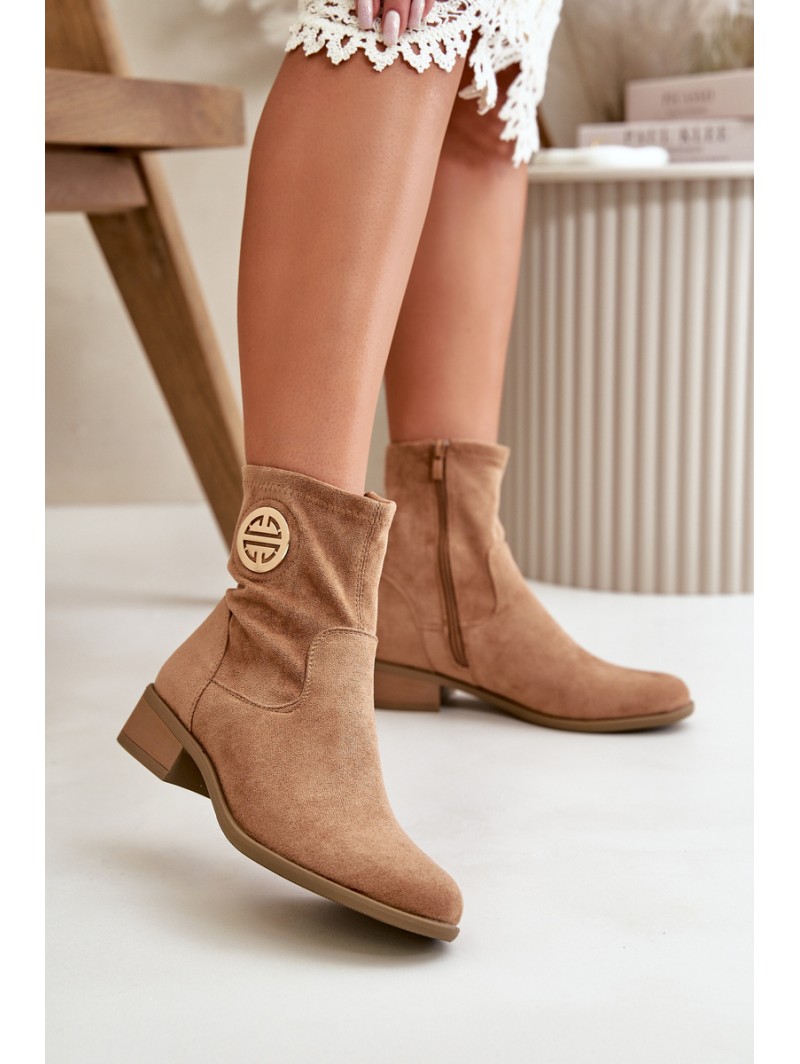 Women'S Ankle Boots With Zipper And Decorative Detail Eco Suede Beige Lerioria