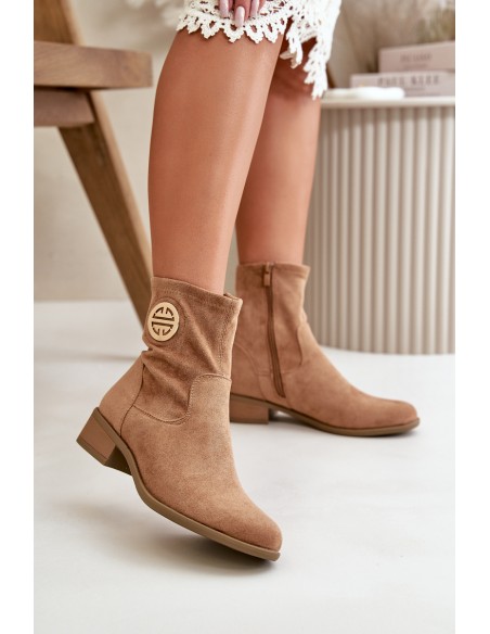 Women'S Ankle Boots With Zipper And Decorative Detail Eco Suede Beige Lerioria