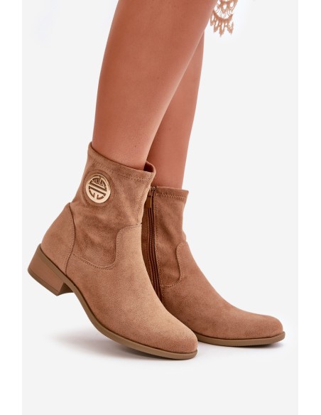Women'S Ankle Boots With Zipper And Decorative Detail Eco Suede Beige Lerioria