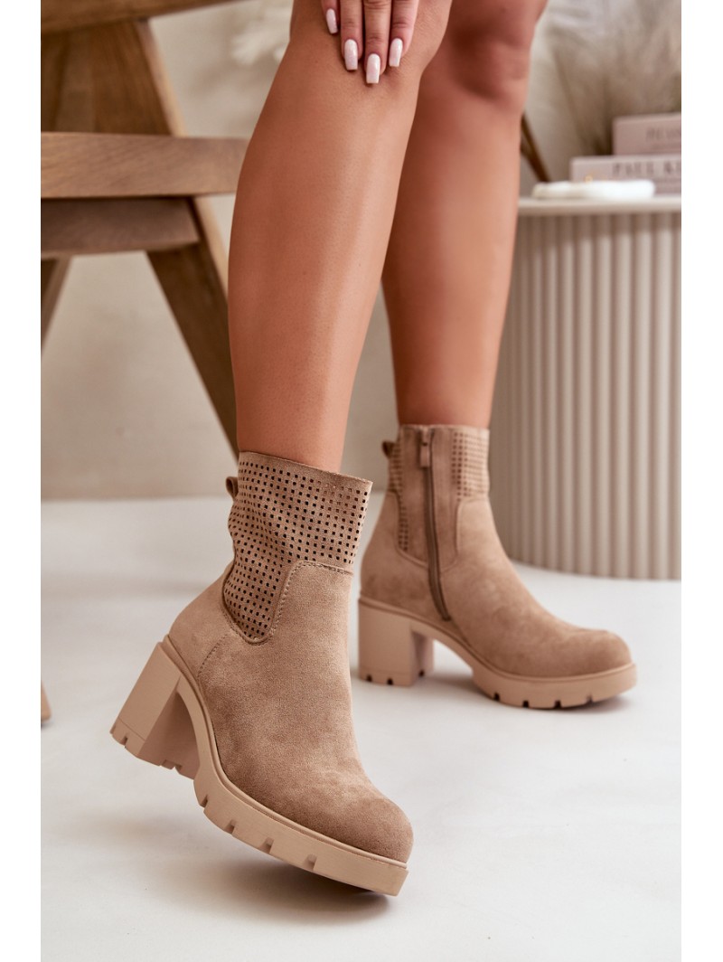 Women's Heeled Boots with Zipper Eco Suede Beige Rashmi