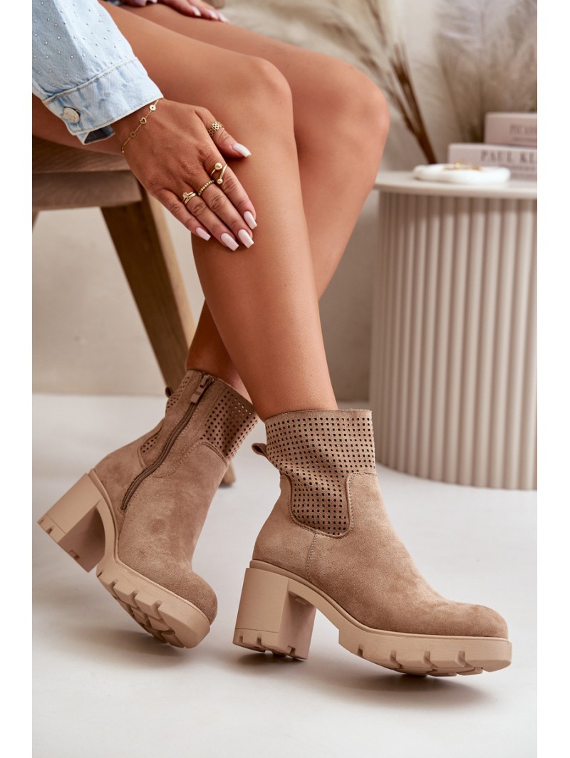 Women's Heeled Boots with Zipper Eco Suede Beige Rashmi