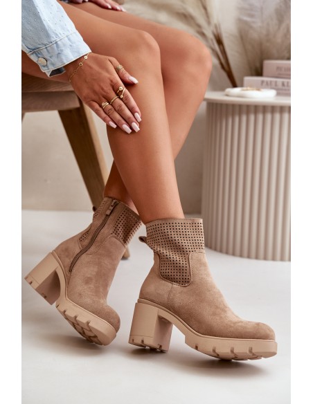 Women's Heeled Boots with Zipper Eco Suede Beige Rashmi