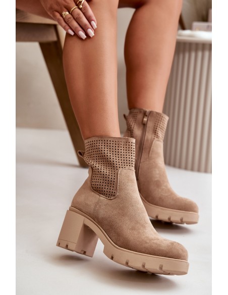 Women's Heeled Boots with Zipper Eco Suede Beige Rashmi