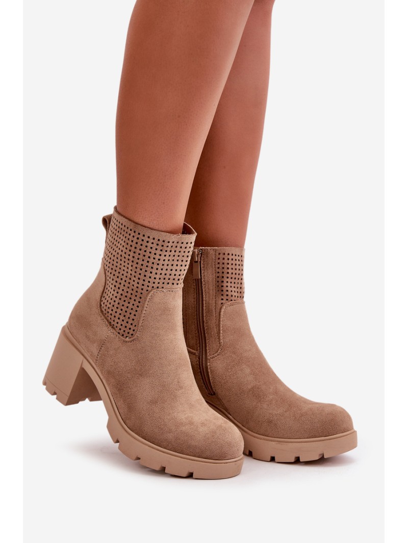 Women's Heeled Boots with Zipper Eco Suede Beige Rashmi