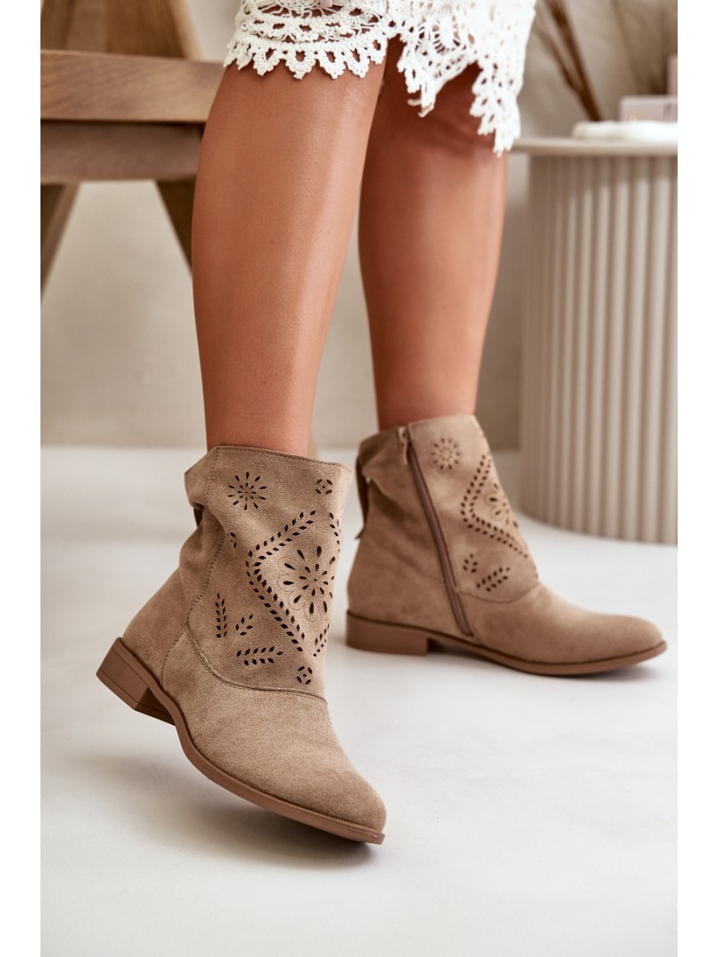 Women'S Ankle Boots With Zipper And Decorative Detail Eco Suede Beige Lerioria