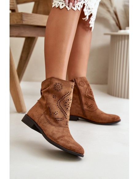 Cut-out Women's Low Ankle Boots With Zipper Brown Irinette