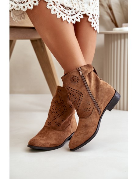 Cut-out Women's Low Ankle Boots With Zipper Brown Irinette