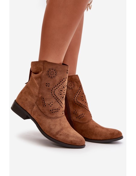 Cut-out Women's Low Ankle Boots With Zipper Brown Irinette