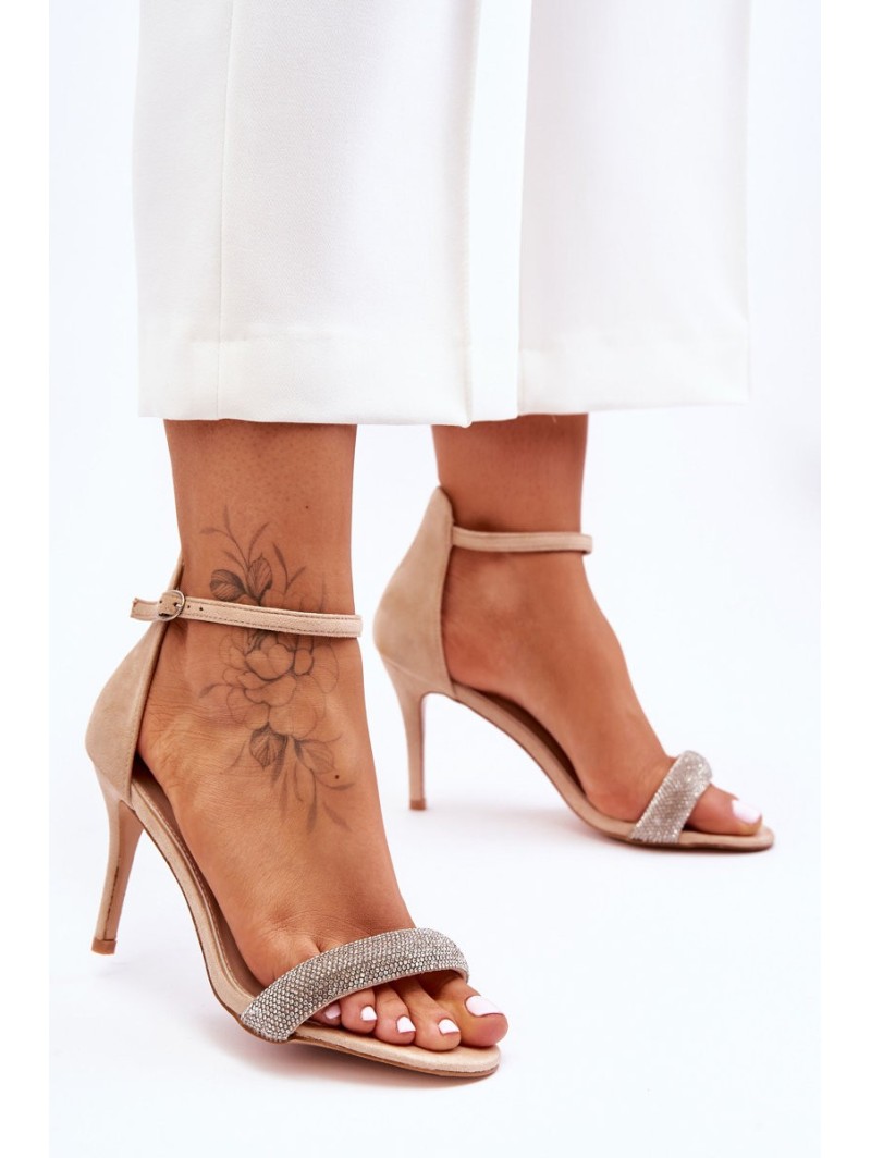 Suede High Heel Sandals With Rhinestones Beige Moments