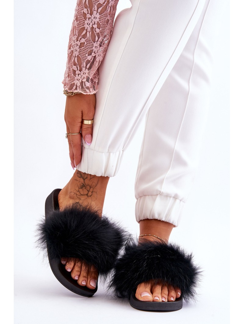 Women's Rubber Slippers With Fur Black Lucrece