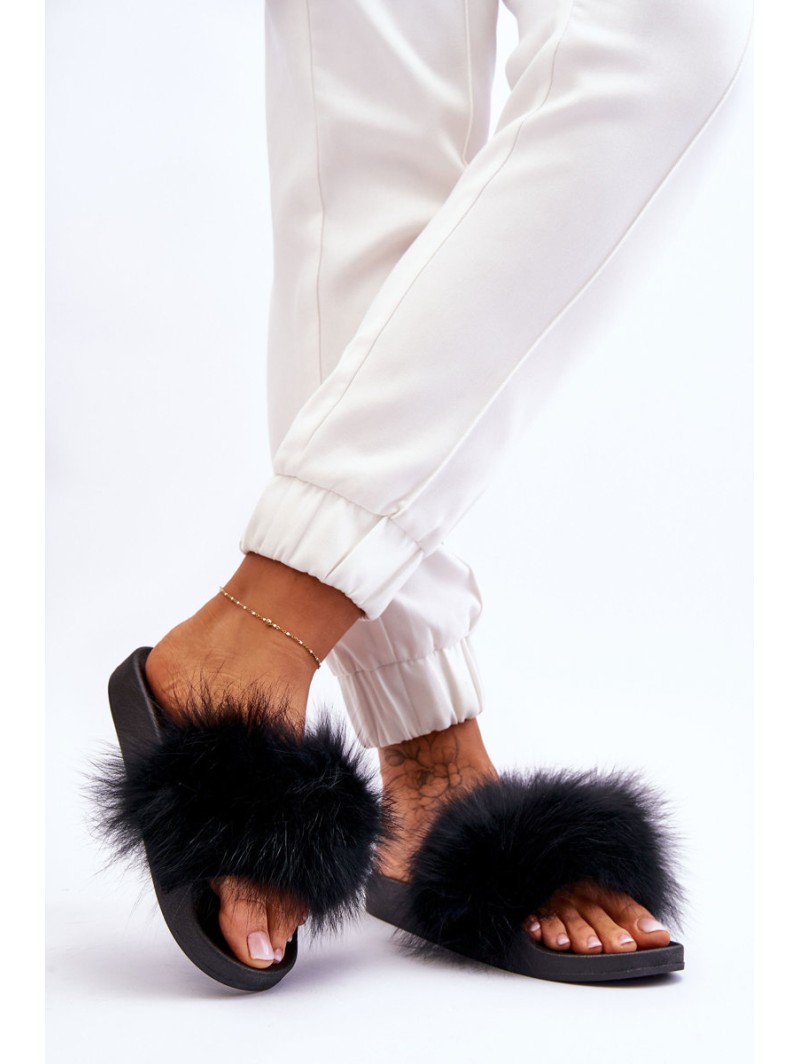 Women's Rubber Slippers With Fur Black Lucrece