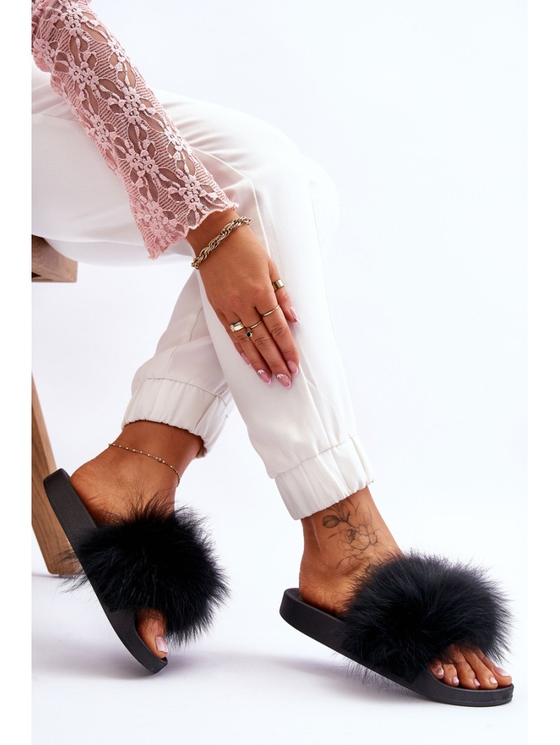 Women's Rubber Slippers With Fur Black Lucrece