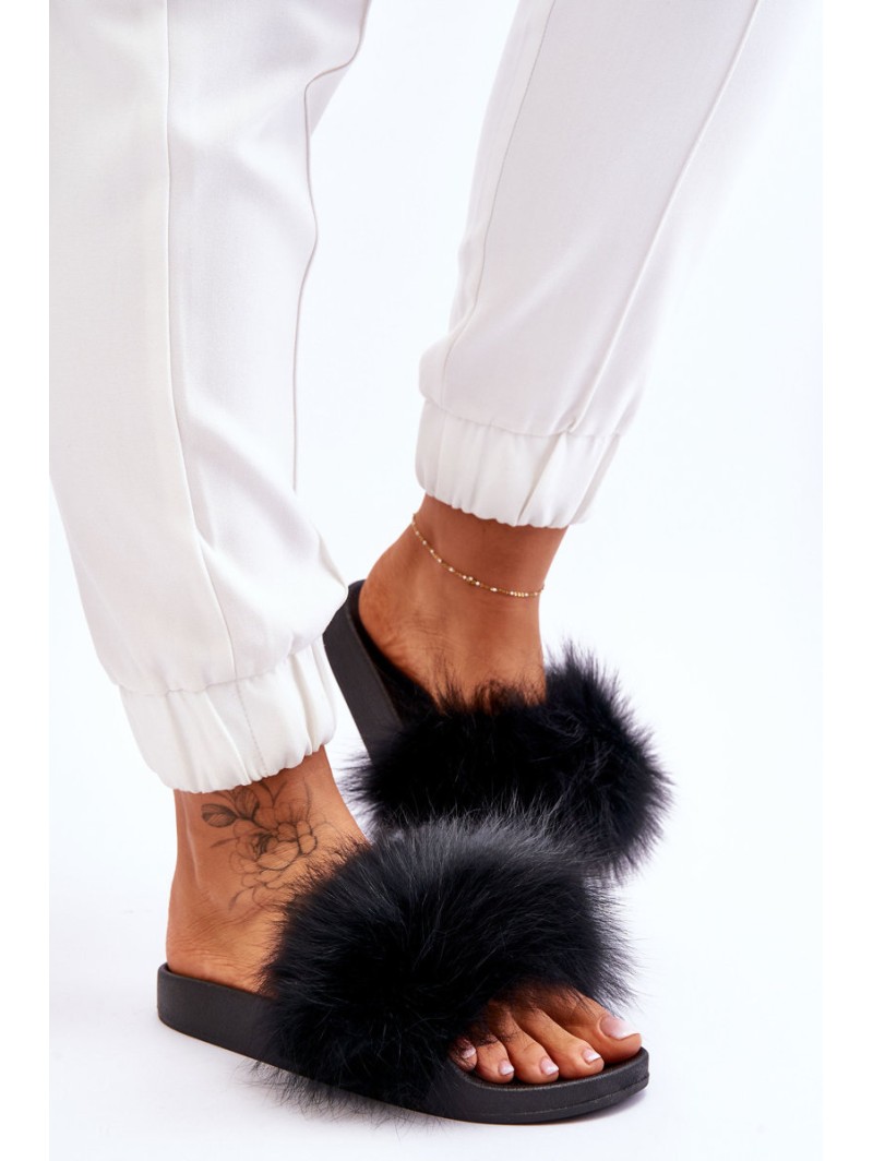 Women's Rubber Slippers With Fur Black Lucrece