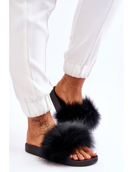 Women's Rubber Slippers With Fur Black Lucrece