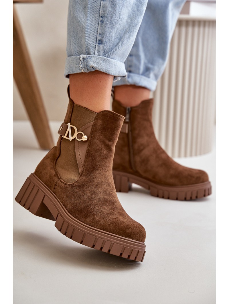 Warm Women's Boots with Golden Detail Eco Suede Brown Bervena