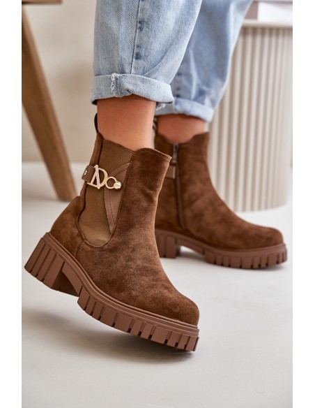 Warm Women's Boots with Golden Detail Eco Suede Brown Bervena