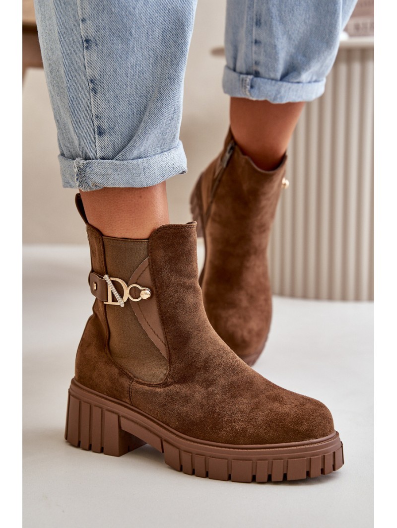 Warm Women's Boots with Golden Detail Eco Suede Brown Bervena