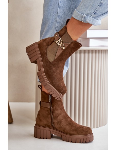 Warm Women's Boots with Golden Detail Eco Suede Brown Bervena